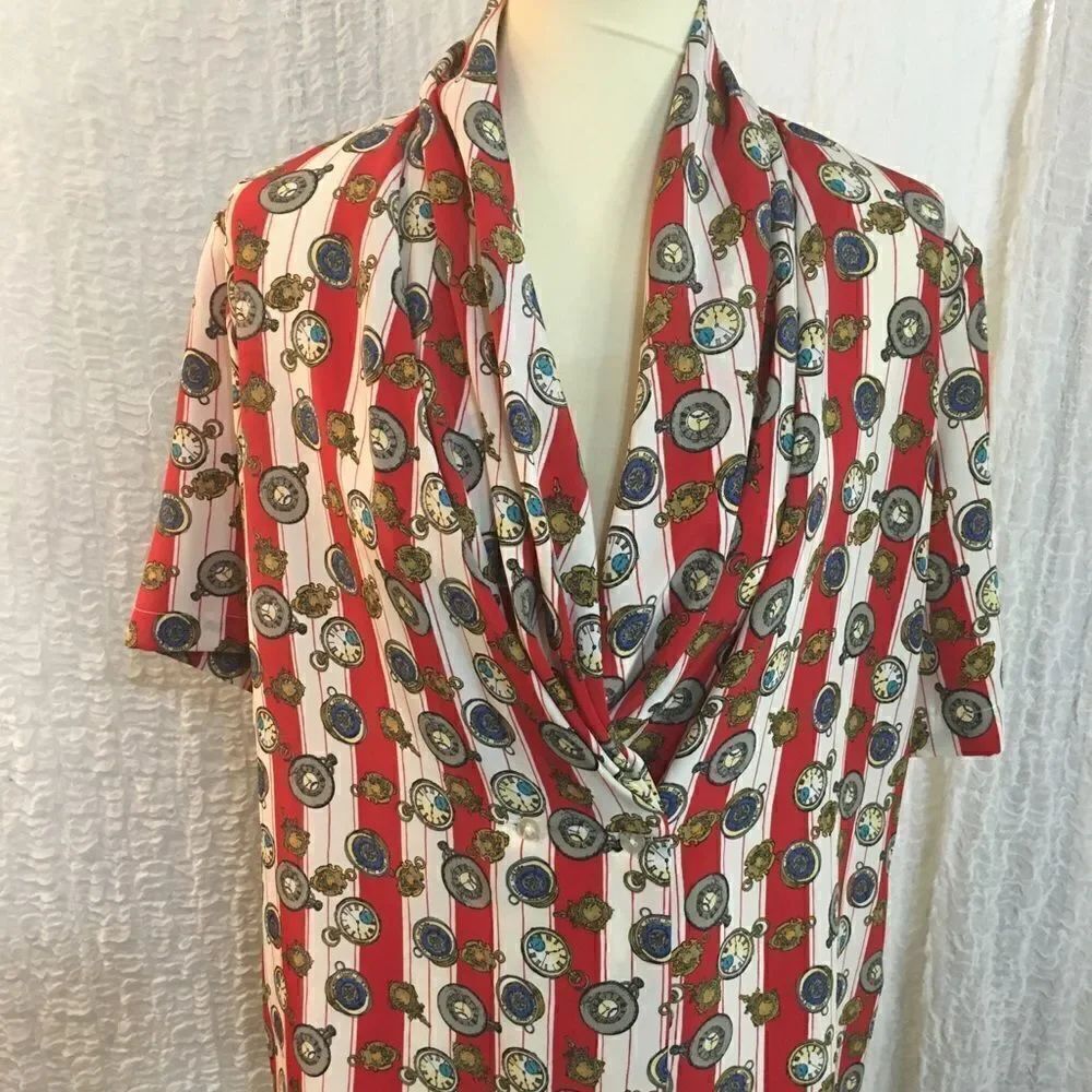 Helen St. Marie VTG Grandpa Clock Print Blouse Size 12